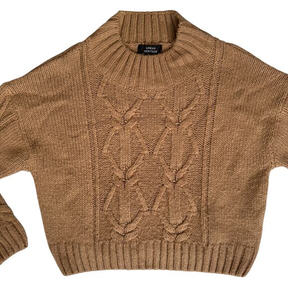 Urban Heritage Cropped Cable Knit Sweater Women Small Tan Mock Neck Fall Cozy - Picture 8 of 16